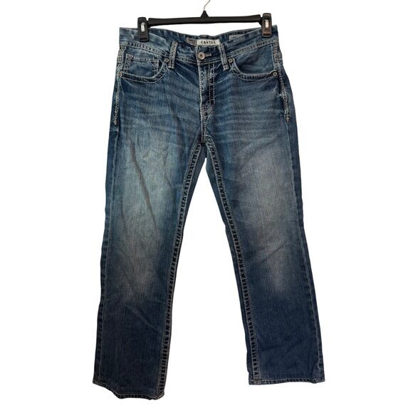 BKE Carter Straight Leg Denim Jeans Men’s 32L Blue Medium Wash Contrast Stitchin - Picture 2 of 7